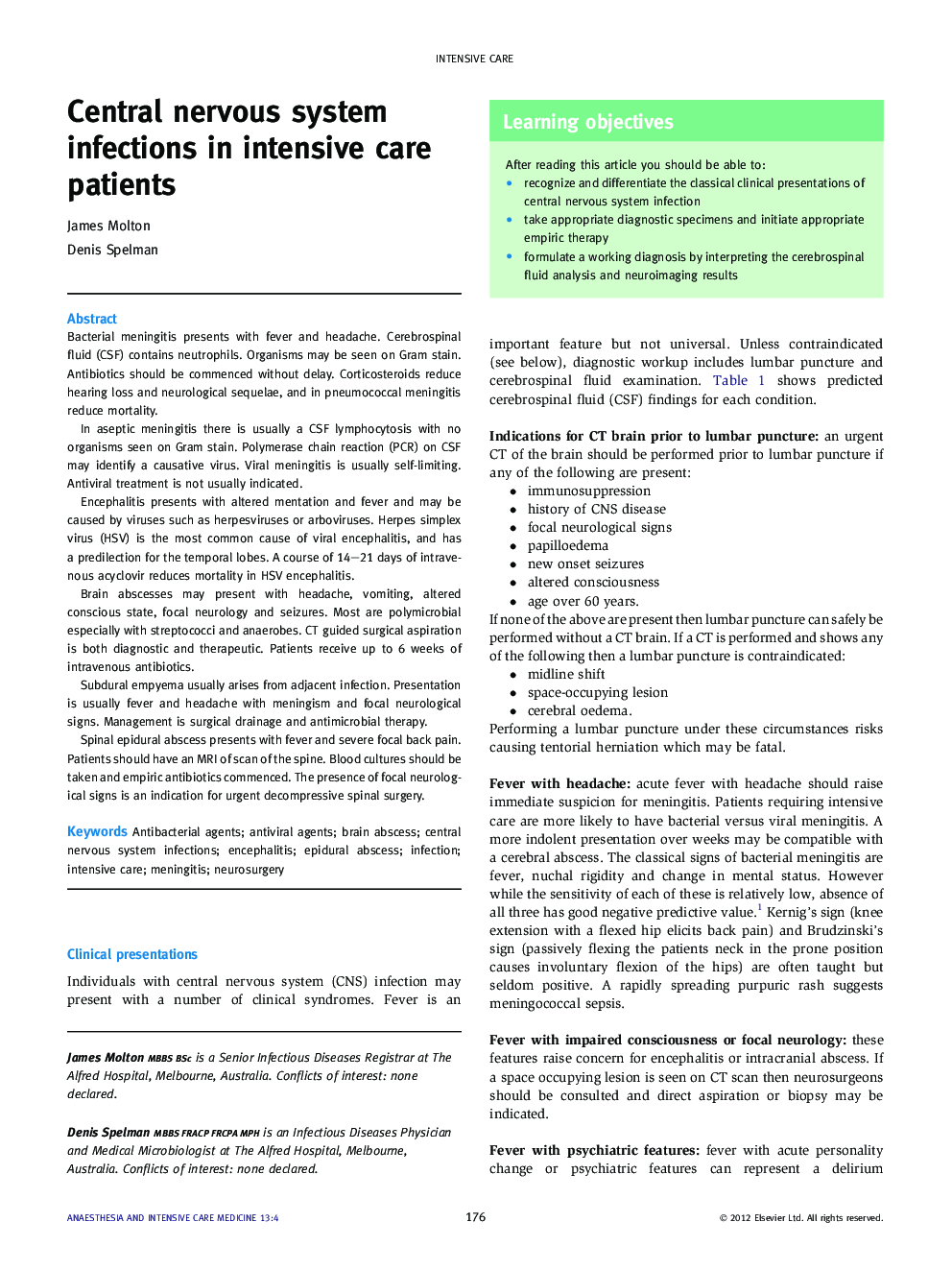 Central nervous system infections in intensive care patients