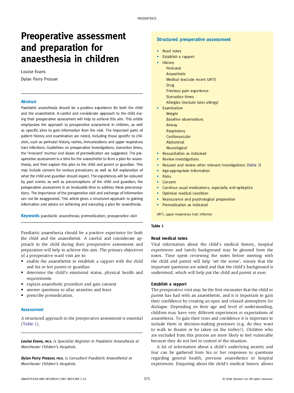 Preoperative assessment and preparation for anaesthesia in children