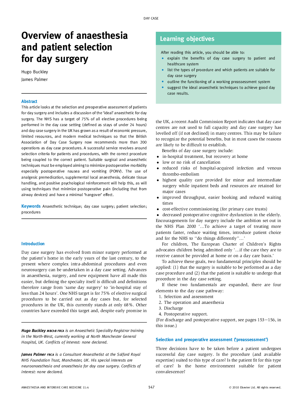 Overview of anaesthesia and patient selection for day surgery