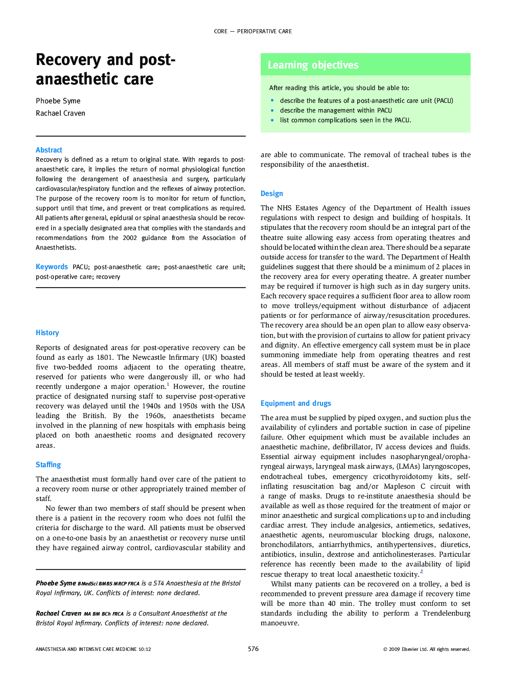 Recovery and post-anaesthetic care