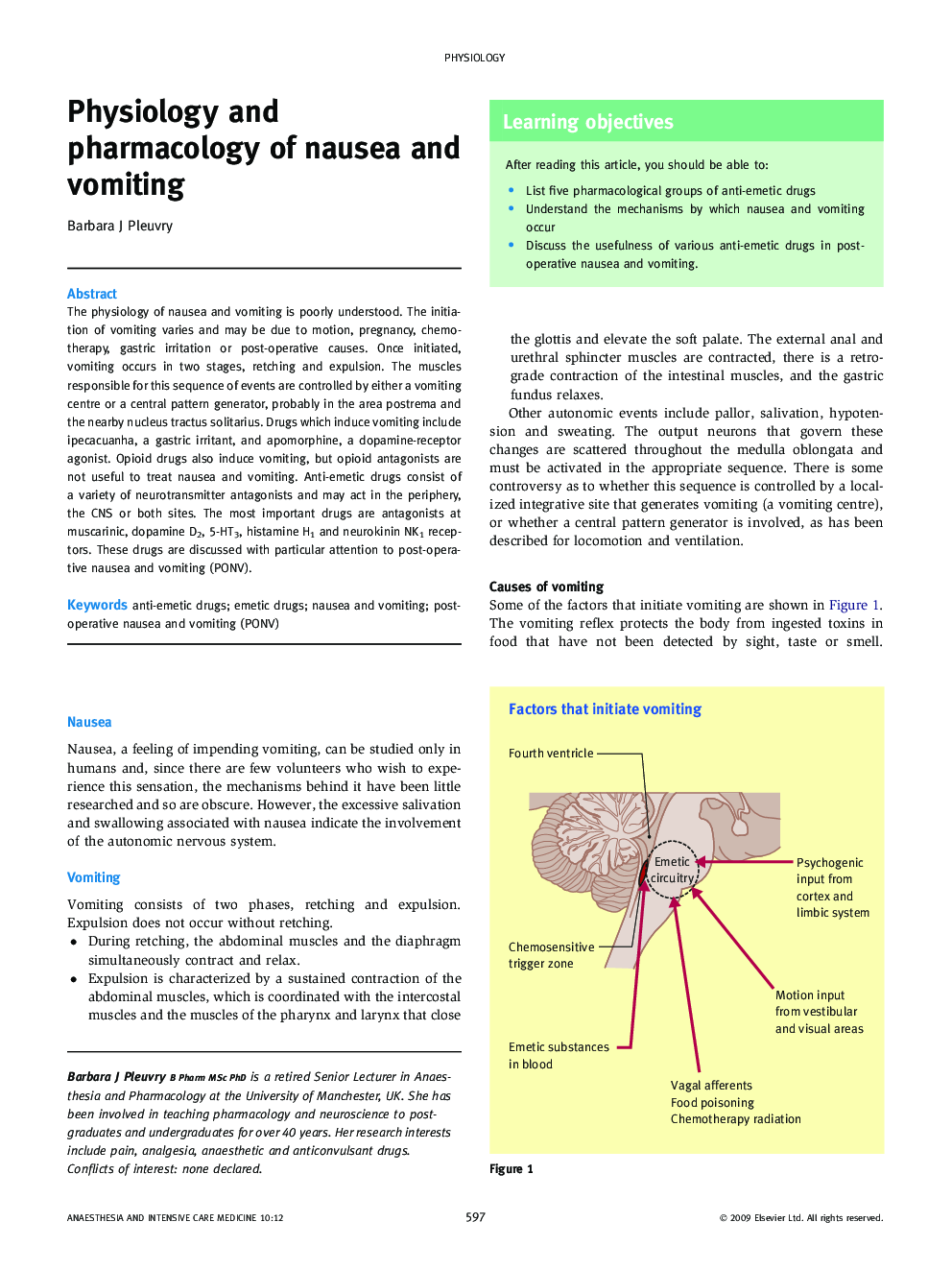 Physiology and pharmacology of nausea and vomiting