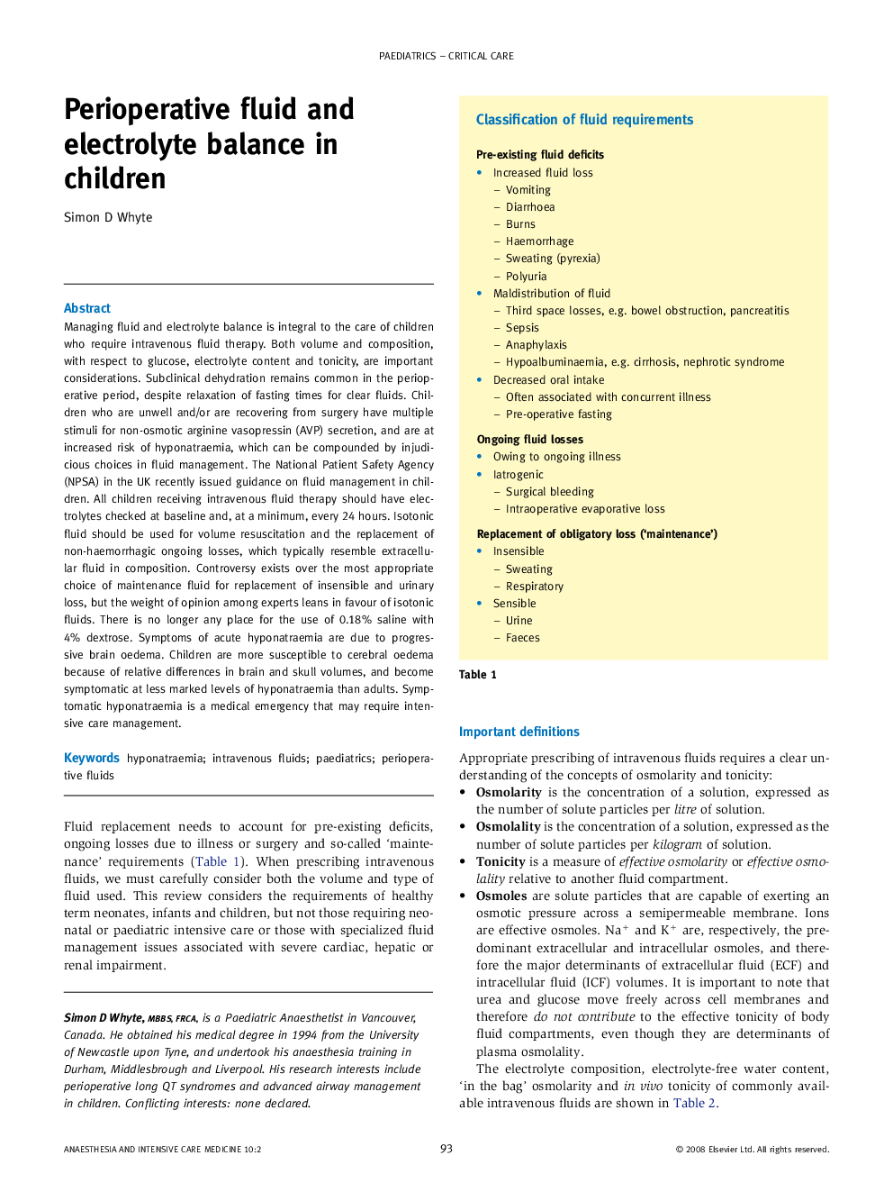 Perioperative fluid and electrolyte balance in children