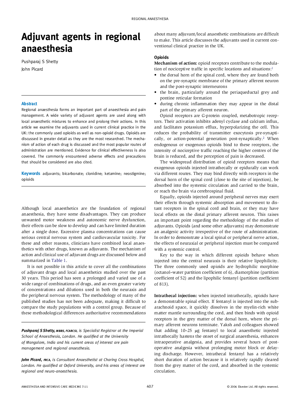 Adjuvant agents in regional anaesthesia