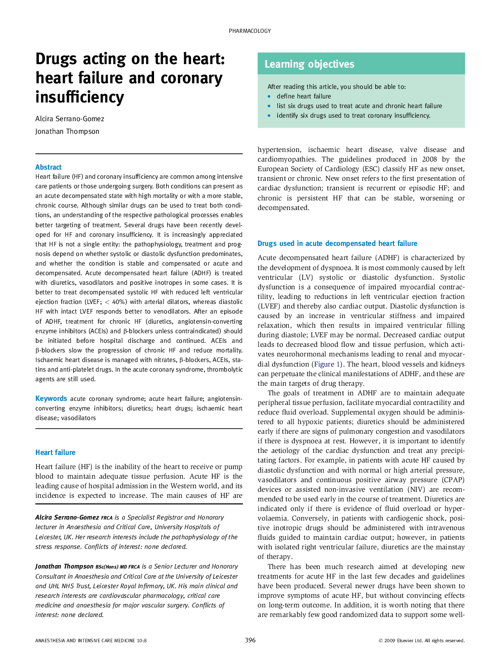 Drugs acting on the heart: heart failure and coronary insufficiency