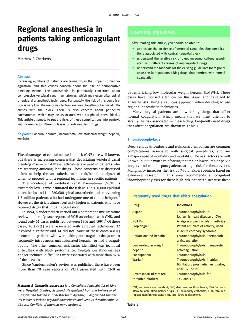 Regional anaesthesia in patients taking anticoagulant drugs