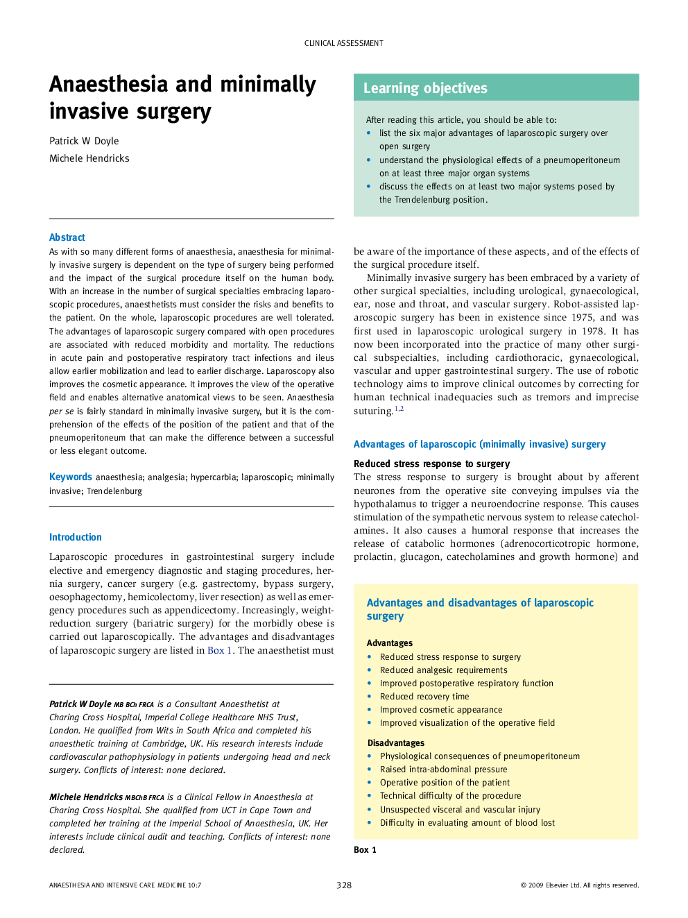 Anaesthesia and minimally invasive surgery