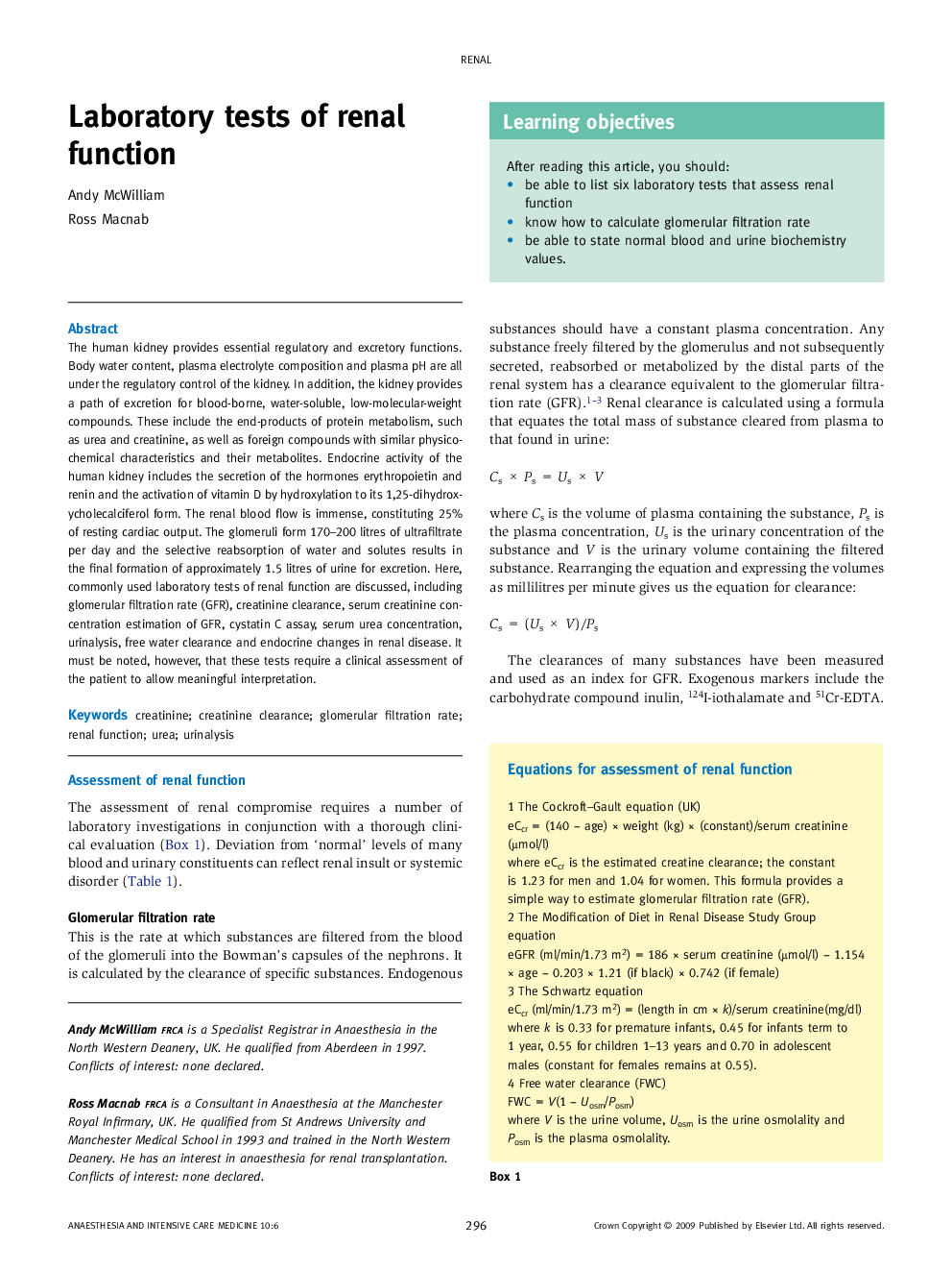 Laboratory tests of renal function