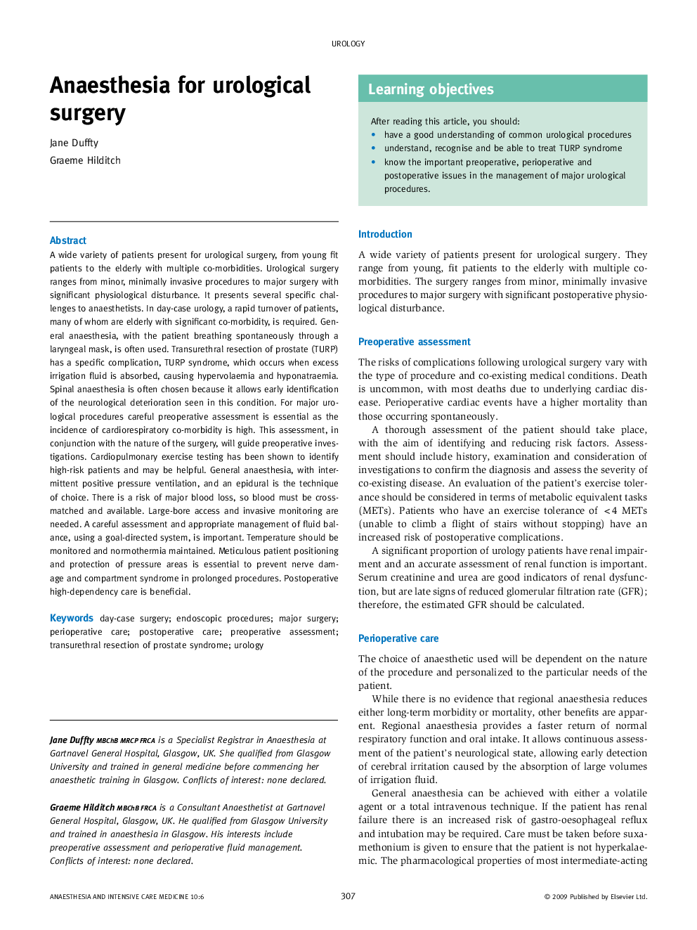 Anaesthesia for urological surgery