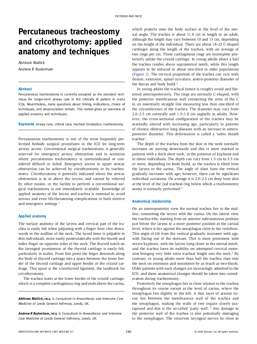 Percutaneous tracheostomy and cricothyrotomy: applied anatomy and techniques