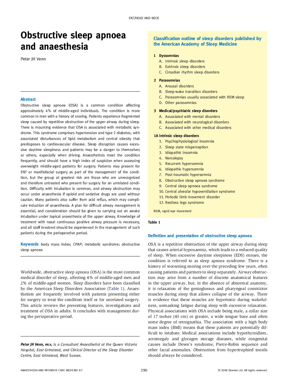 Obstructive sleep apnoea and anaesthesia