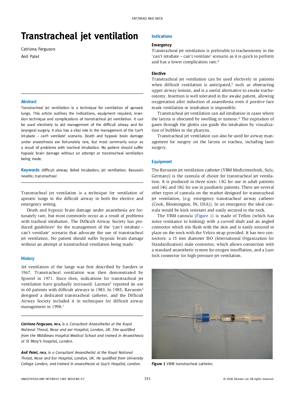 Transtracheal jet ventilation