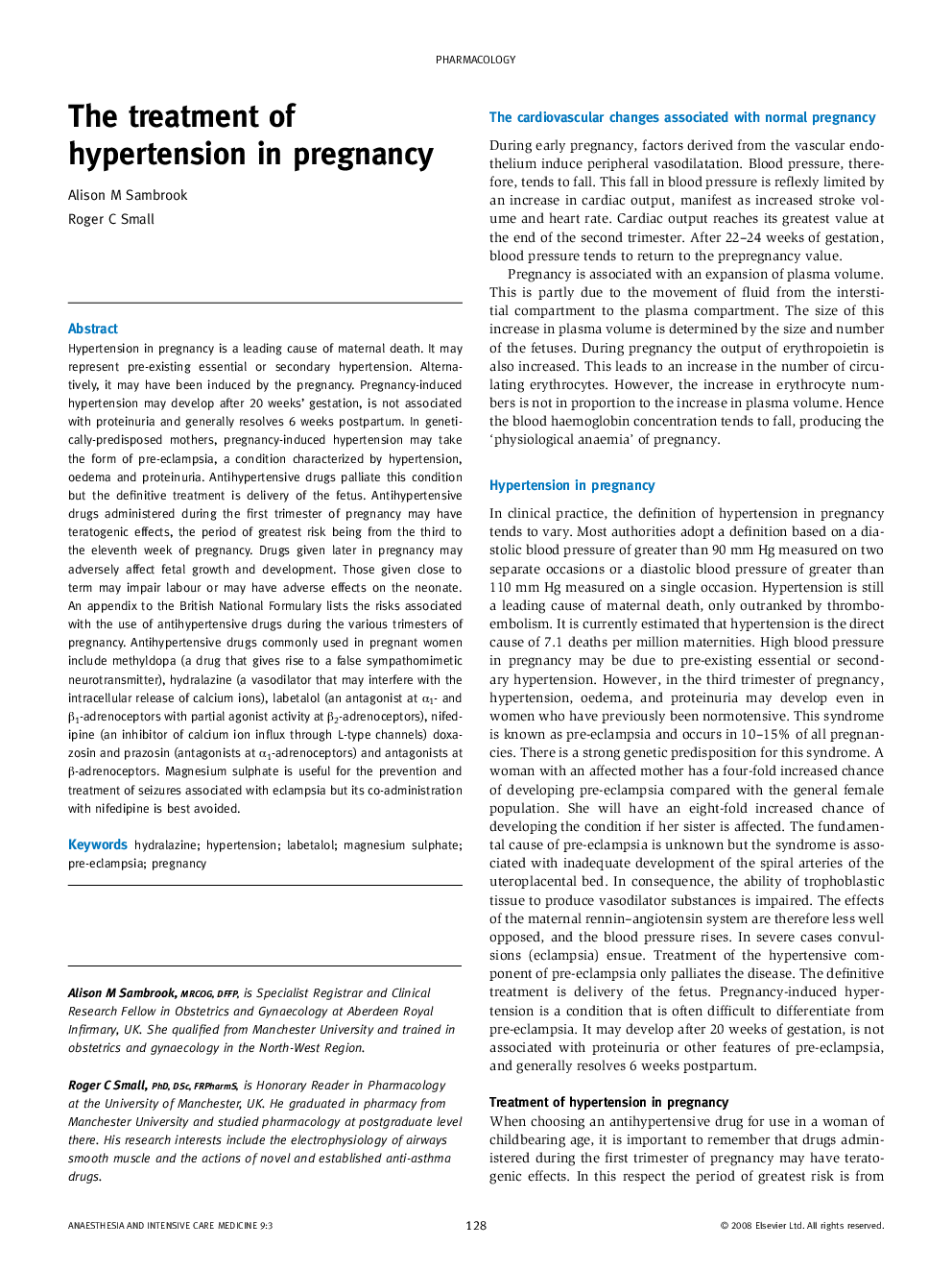 The treatment of hypertension in pregnancy