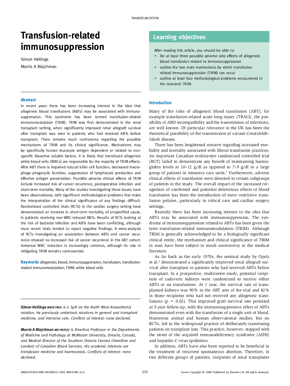 Transfusion-related immunosuppression