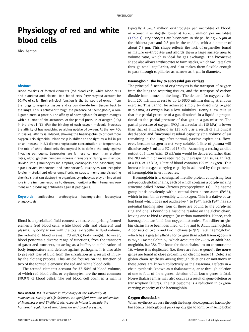 Physiology of red and white blood cells