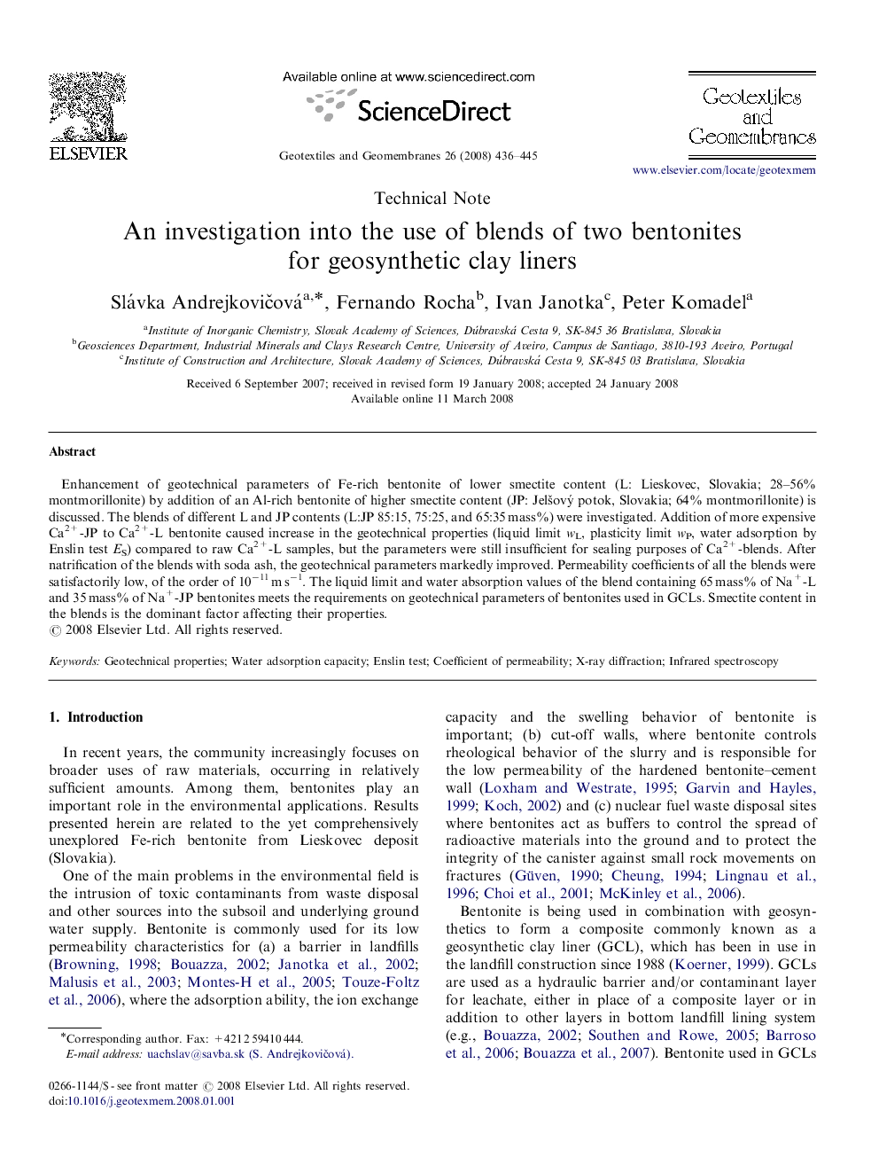 An investigation into the use of blends of two bentonites for geosynthetic clay liners