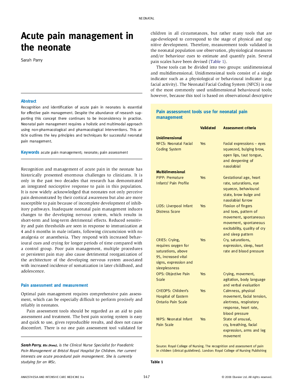 Acute pain management in the neonate