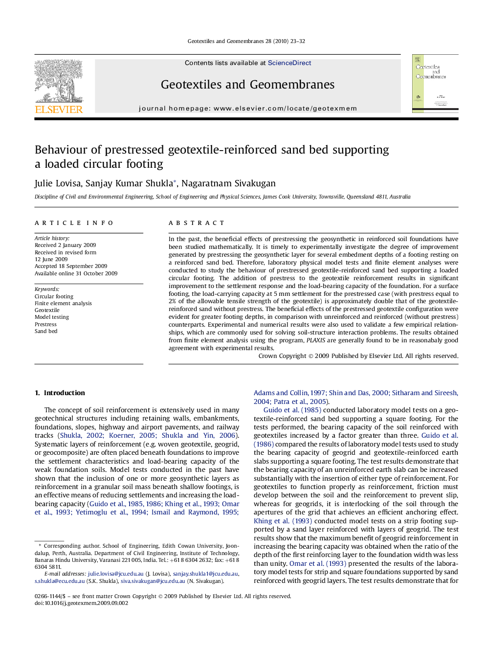 Behaviour of prestressed geotextile-reinforced sand bed supporting a loaded circular footing