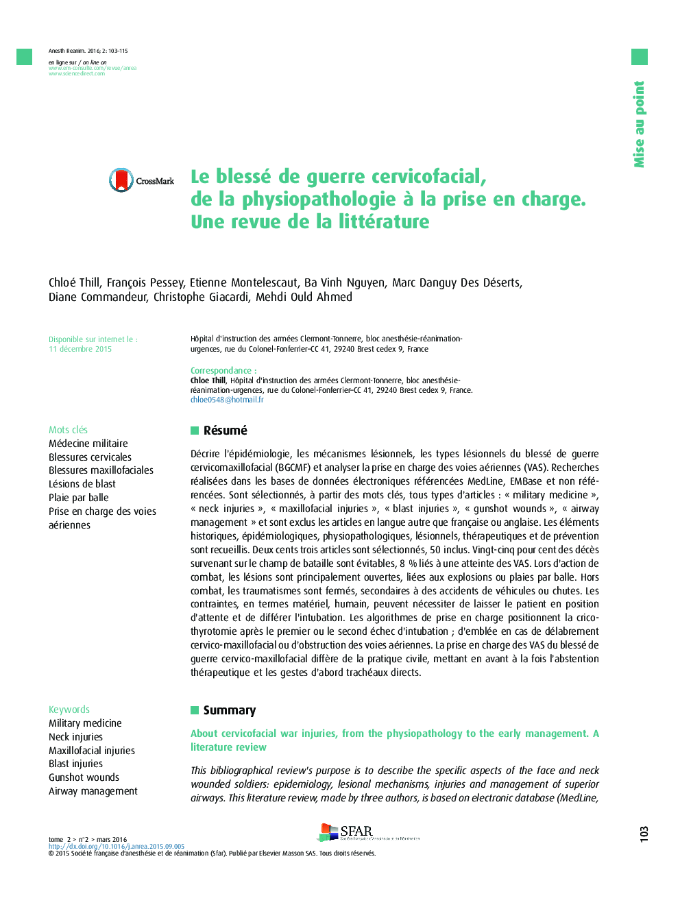 Le blessé de guerre cervicofacial, de la physiopathologie Ã  la prise en charge. Une revue de la littérature