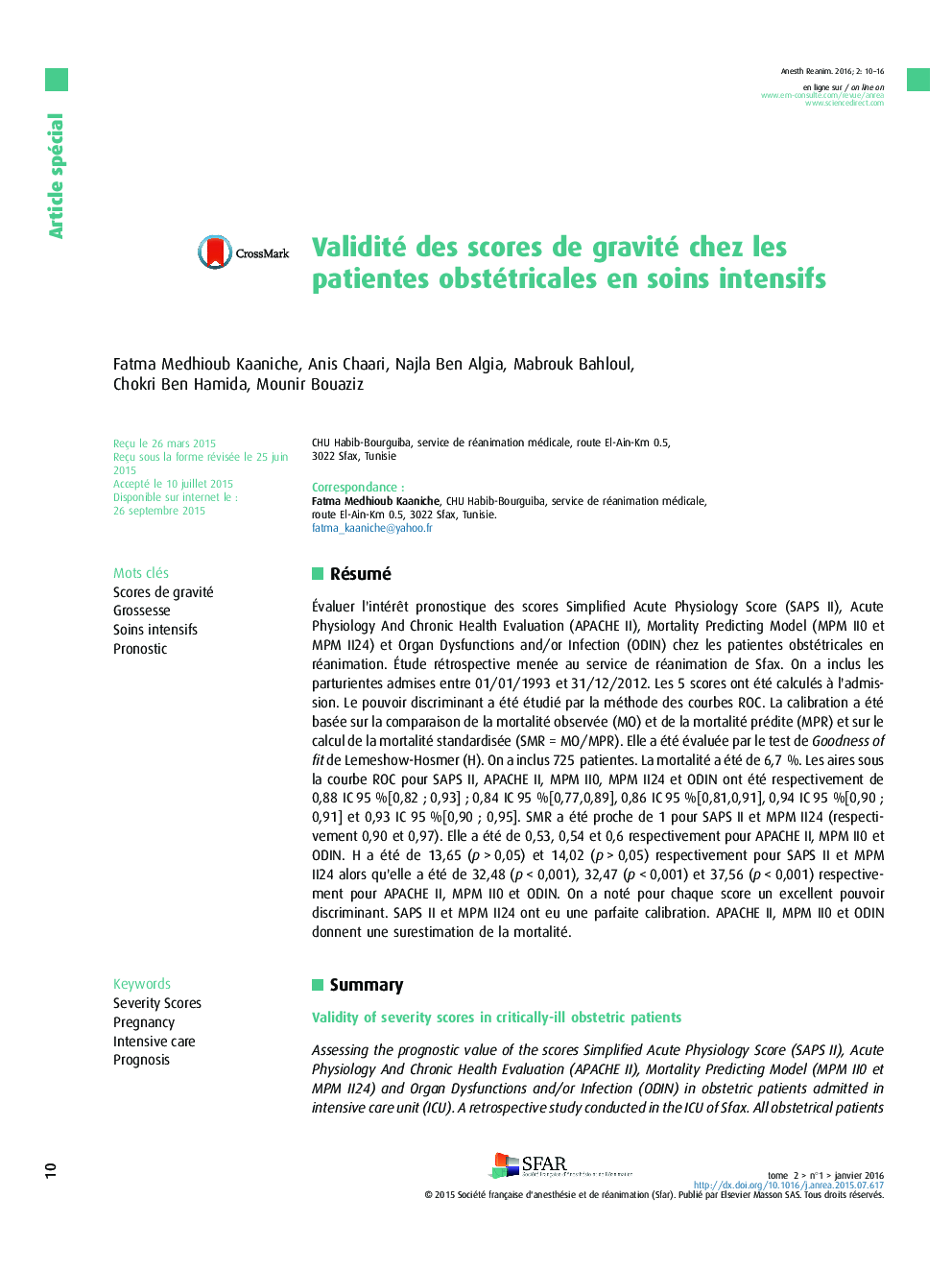 Validité des scores de gravité chez les patientes obstétricales en soins intensifs