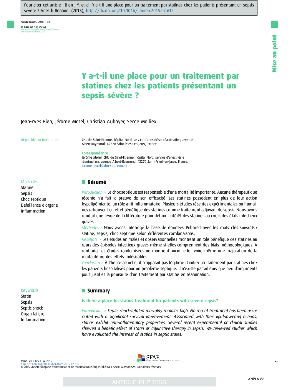 Y a-t-il une place pour un traitement par statines chez les patients présentant un sepsis sévÃ¨reÂ ?