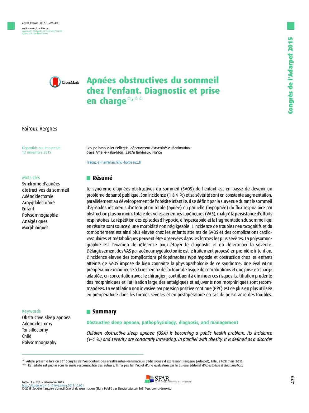 Apnées obstructives du sommeil chez l'enfant. Diagnostic et prise en charge