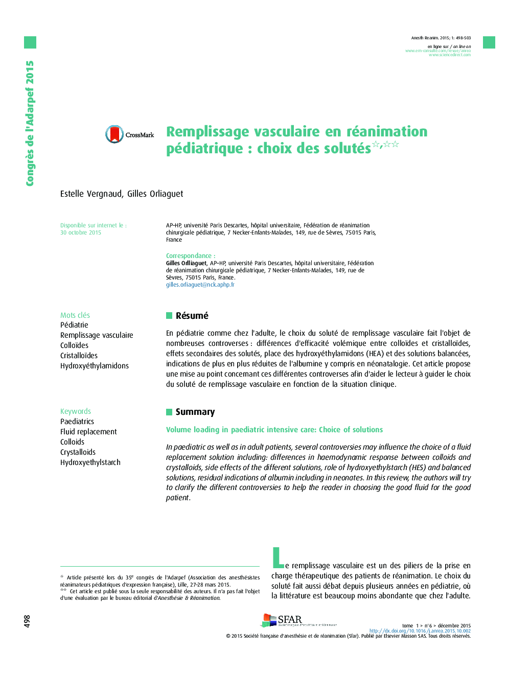 Remplissage vasculaire en réanimation pédiatriqueÂ : choix des solutés