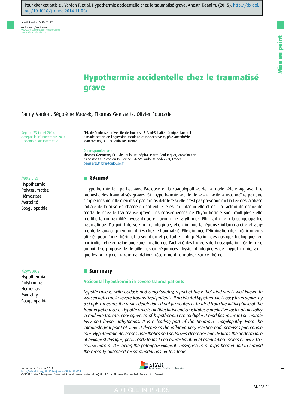 Hypothermie accidentelle chez le traumatisé grave