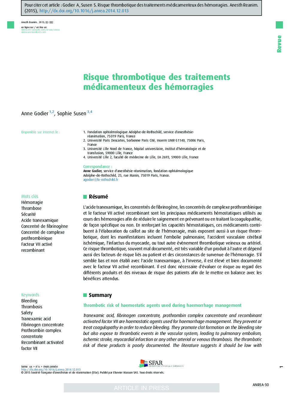 Risque thrombotique des traitements médicamenteux des hémorragies