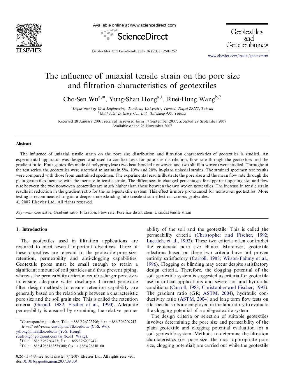 The influence of uniaxial tensile strain on the pore size and filtration characteristics of geotextiles