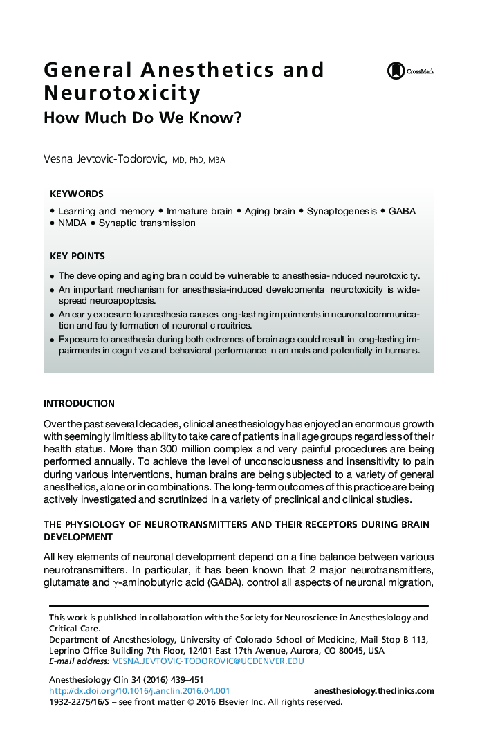 General Anesthetics and Neurotoxicity