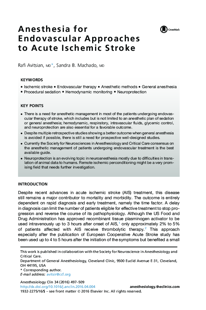 Anesthesia for Endovascular Approaches to Acute Ischemic Stroke