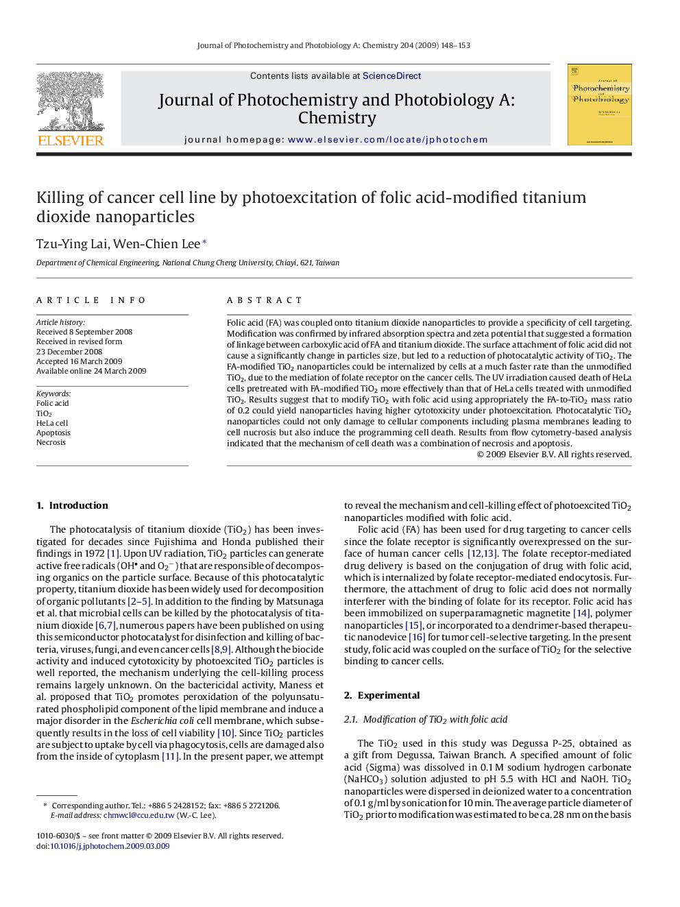 Killing of cancer cell line by photoexcitation of folic acid-modified titanium dioxide nanoparticles