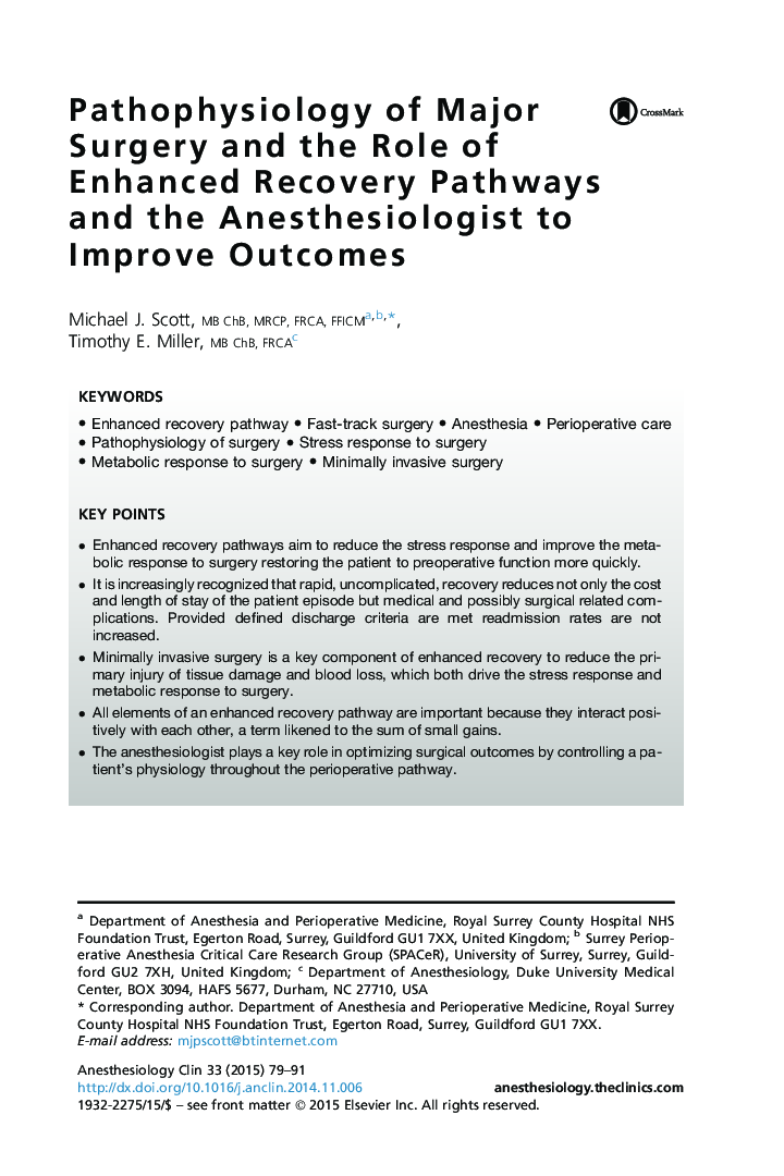 Pathophysiology of Major Surgery and the Role of Enhanced Recovery Pathways and the Anesthesiologist to Improve Outcomes