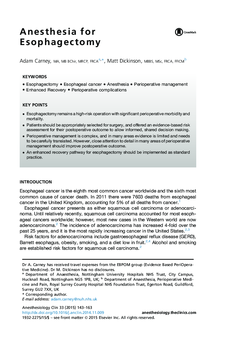 Anesthesia for Esophagectomy