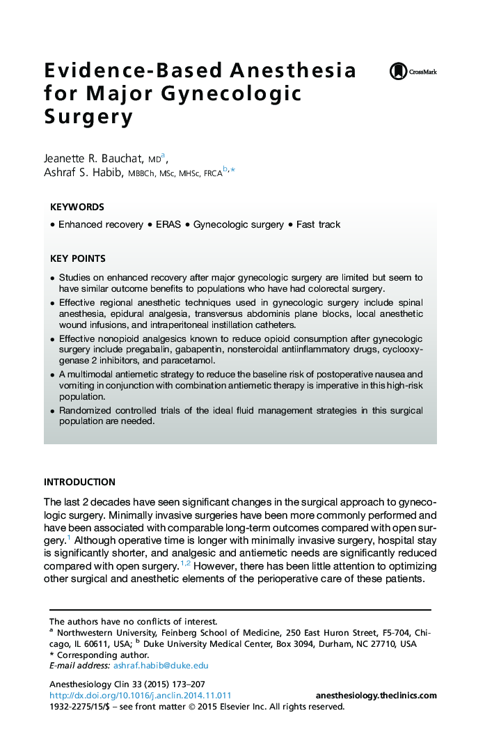 Evidence-Based Anesthesia for Major Gynecologic Surgery
