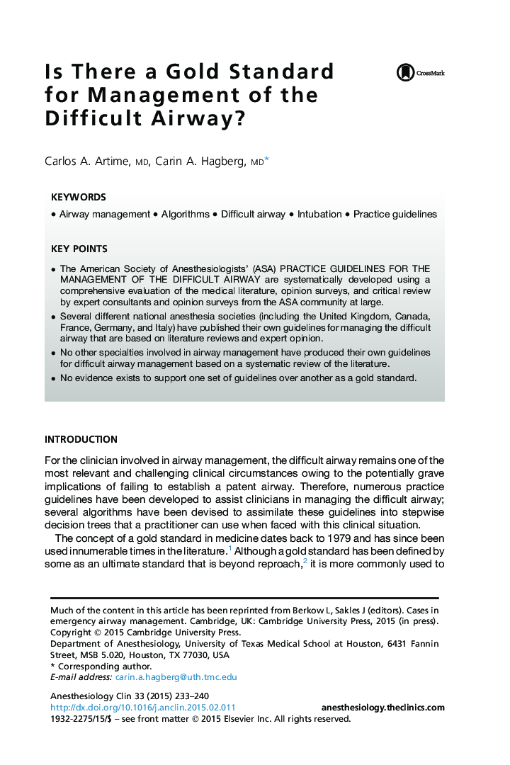 Is There a Gold Standard for Management of the Difficult Airway?