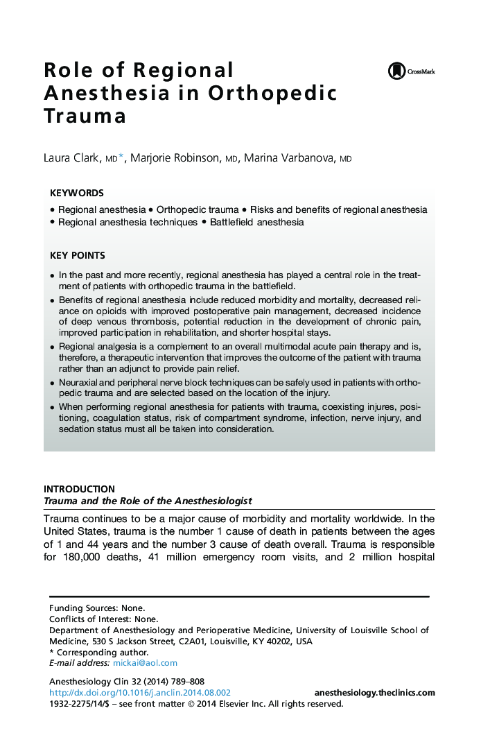 Role of Regional Anesthesia in Orthopedic Trauma