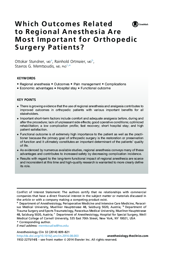 Which Outcomes Related to Regional Anesthesia Are Most Important for Orthopedic Surgery Patients?
