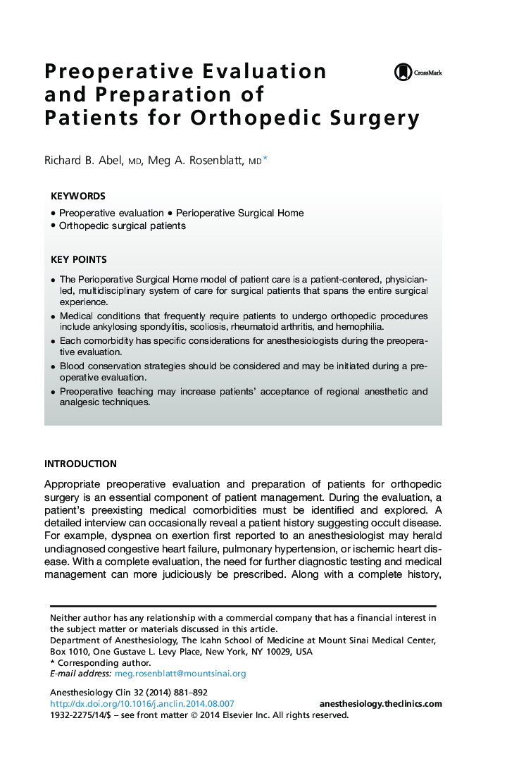 Preoperative Evaluation and Preparation of Patients for Orthopedic Surgery