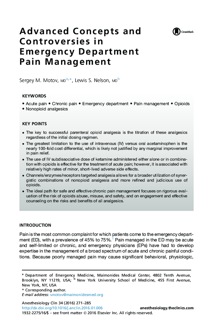 Advanced Concepts and Controversies in Emergency Department PainÂ Management