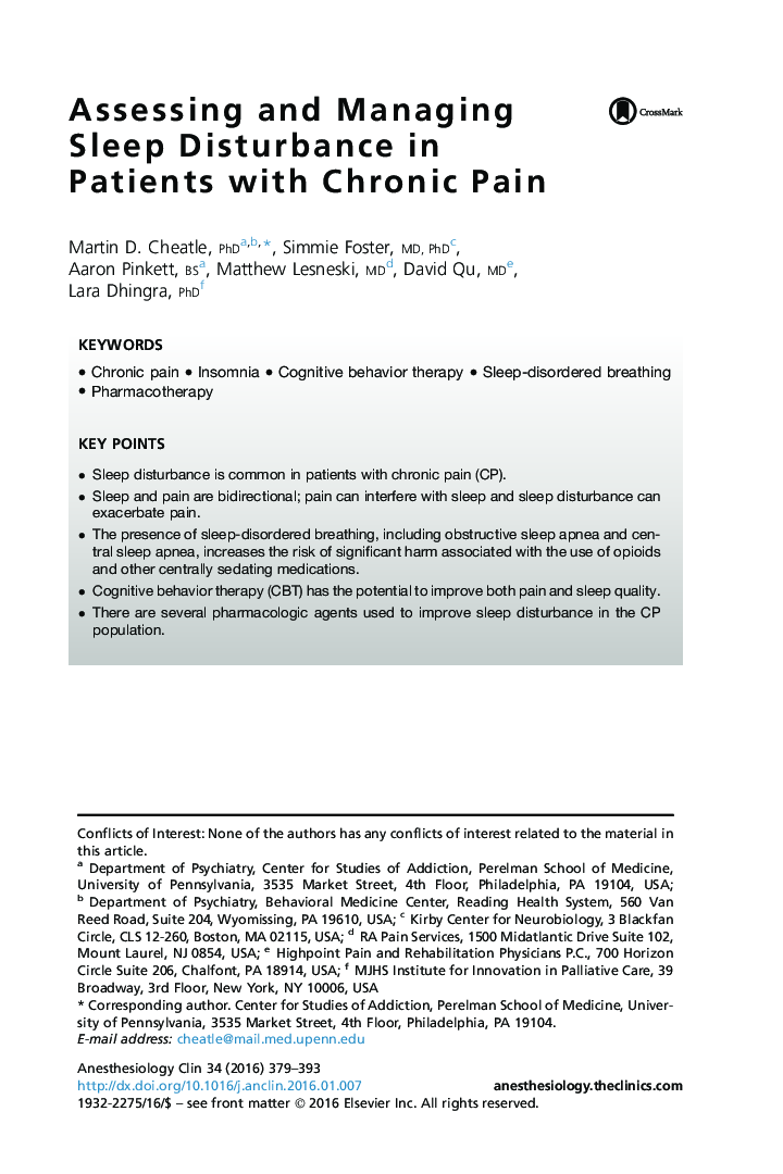 Assessing and Managing Sleep Disturbance in Patients with Chronic Pain