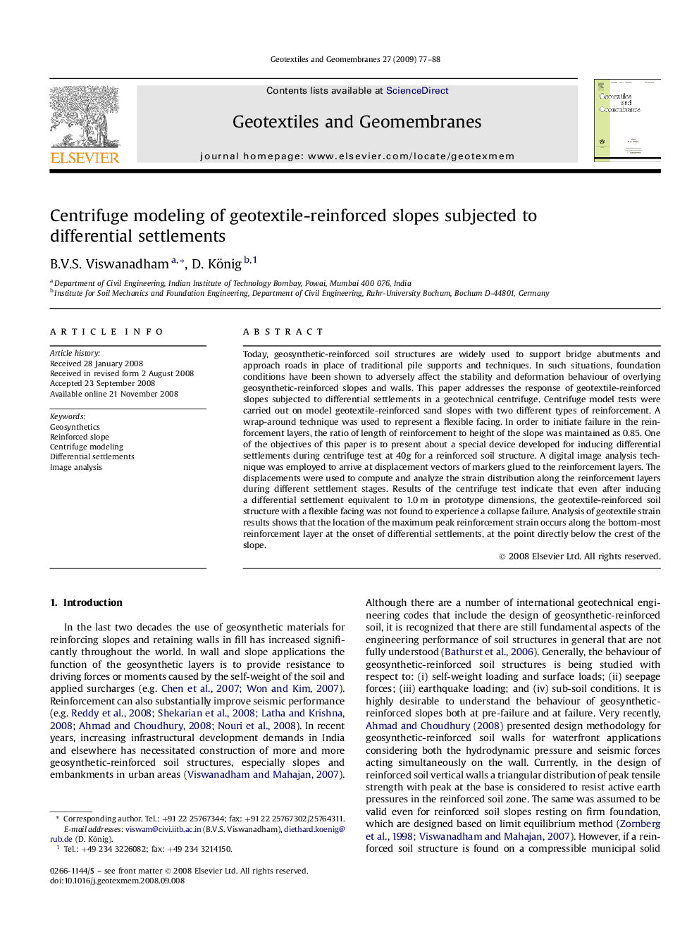 Centrifuge modeling of geotextile-reinforced slopes subjected to differential settlements