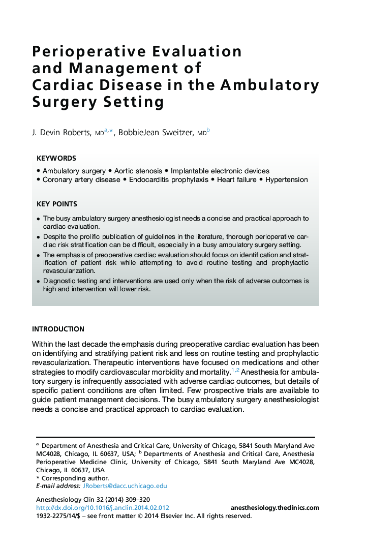Perioperative Evaluation and Management of Cardiac Disease in the Ambulatory Surgery Setting
