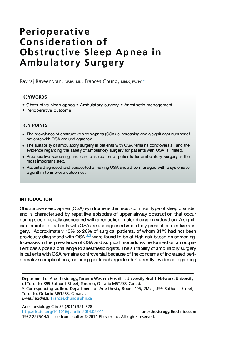 Perioperative Consideration of Obstructive Sleep Apnea in Ambulatory Surgery