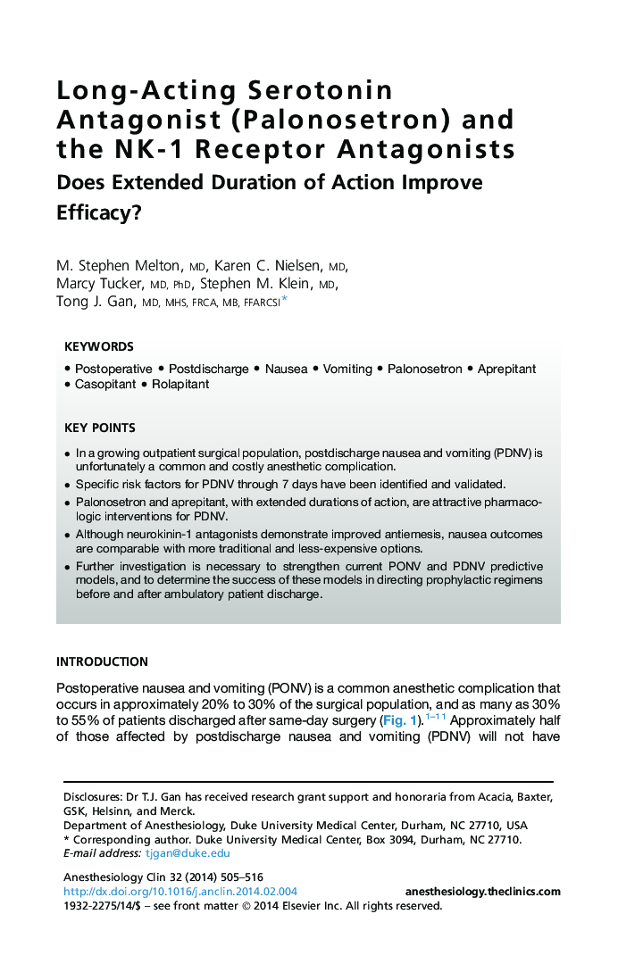 Long-Acting Serotonin Antagonist (Palonosetron) and the NK-1 Receptor Antagonists