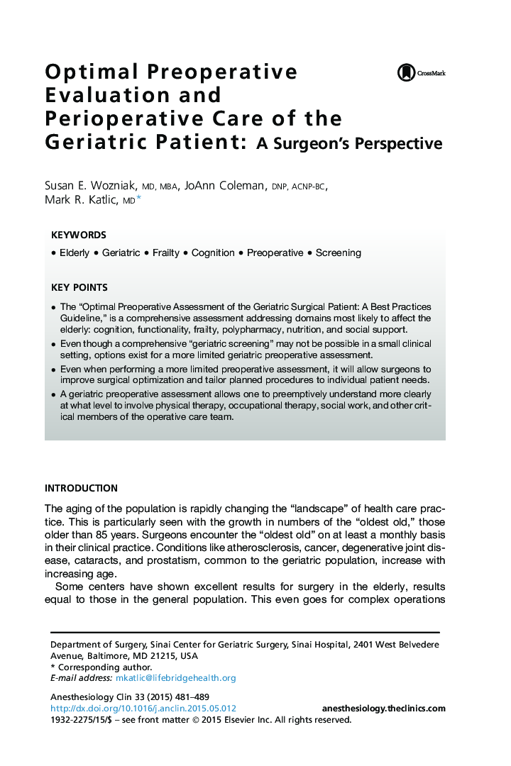 Optimal Preoperative Evaluation and Perioperative Care of the Geriatric Patient