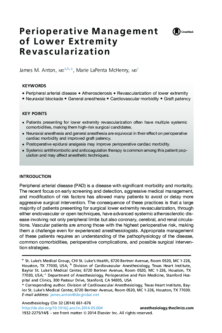 Perioperative Management of Lower Extremity Revascularization