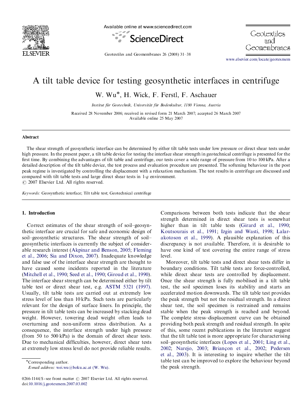 A tilt table device for testing geosynthetic interfaces in centrifuge