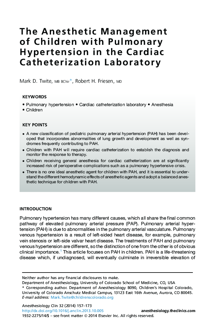 The Anesthetic Management of Children with Pulmonary Hypertension in the Cardiac Catheterization Laboratory