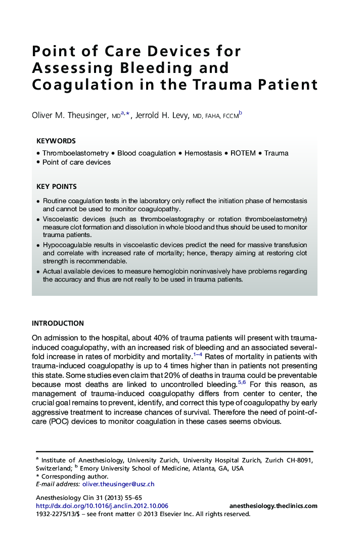 Point of Care Devices for Assessing Bleeding and Coagulation in the Trauma Patient